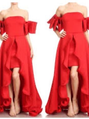 Off-Shoulder Red High-Low Ruffle Formal Dress